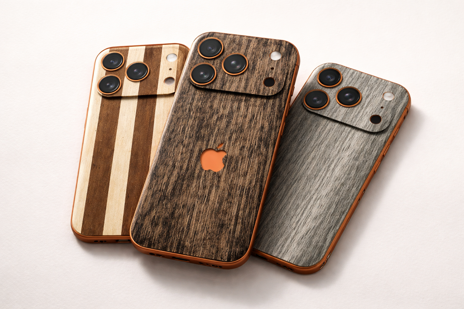 Three wooden phone cases on a white background